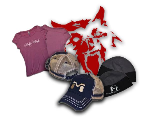 pink womens MetalCloak t-shirt, navy blue and gold MetalCloak hat, gray and black MetalCloak beanie, and a red MetalCloak wolf logo