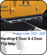 Hardline 2 door and 4 door flip step on orange Jeep wioth MetalCloak logo